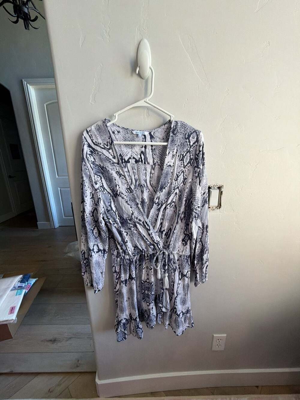 Blue Island Snakeskin Print Long Sleeve V-Neck Mini Dress with Tassel Tie Waist